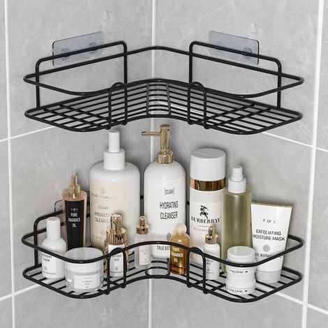 No-drill shower holder, bathroom holder, stainless steel soap dish, bathroom accessories, 2 stickers, kitchen insert (black) (1/4)