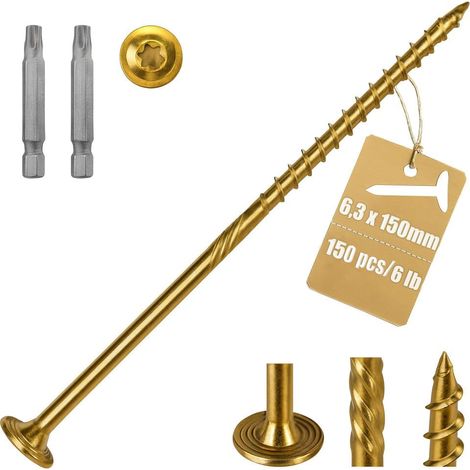 Senkkopf-Torx-Holzschrauben (6,3 x 150 mm / 150 Stück) – Verzinkter Holzschraubensatz – Konstruktionsschrauben – mit T30-Torx-Bit (1/5)