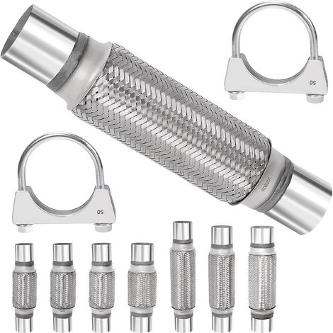 1 pièces tuyau d'échappement 2 x 7,9 pouces avec kit de chape d'échappement 2 pouces tuyau d'échappement double tresse en acier inoxydable universel pour poids lourds et automobiles (1/5)