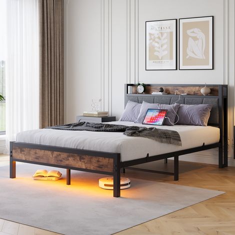 Cadre de lit 120x200 cm avec éclairage LED intelligent, tête de lit de rangement avec station de charge USB, plateforme de soutien à lattes métalliques robustes, silencieux, montage facile, sommier no