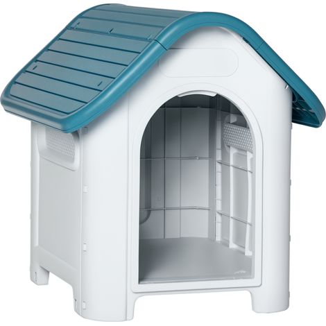 Mini niche pour chien à l’intérieur et à l’extérieur avec des évents robustes de type cabane 59 x 75 x 66 cm bleu et gris (1/5)