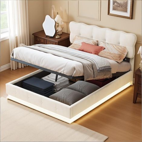 Chambre complete adulte,sommier 160x200,lit deux place,Lit coffre 160x200,lit led 160 x 200,bordure ondulée tête-LED-Velours-Beige