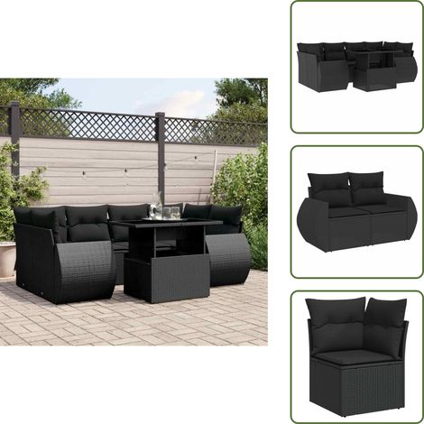 The Living Store Salon de jardin 7 pcs avec coussins noir résine tressée - Ensemble Salon De Jardin - Meuble Extérieur - Jardin Design - Mobilier Résistant Aux Intempéries - Chaise Longue Pliable (1/5)