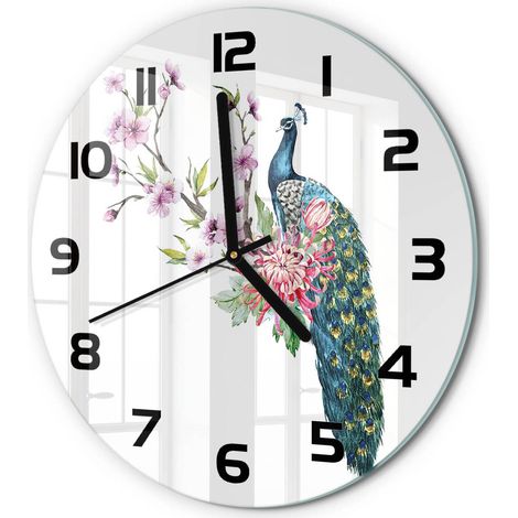 Horloge Murale Ronde Installation Facile Verre Silencieuse pour Salon Cuisine Paon et fleurs fi 30 cm (1/5)