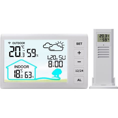 Horloge météo sans fil avec capteur à distance d'une portée de 100 m, prévisions météo, calendrier, alarme, rétroéclairage, interrupteur ℃/℉, pour maison, école et serre (1/5)