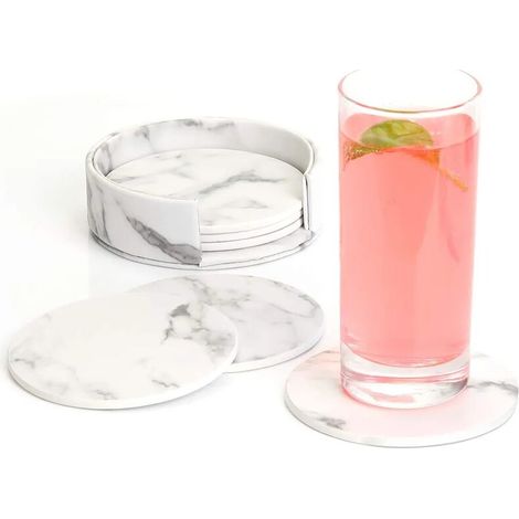 Ensemble de 6 sous-verres en cuir avec support, idéal pour le bar, le bureau et la maison, avec motif marbre, blanc. (1/5)