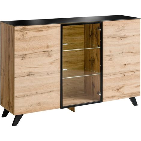 Meublorama – Buffet 3 portes TINO avec éclairage LED – Chêne clair et noir – Dimensions L150 x H100 x P40 cm – Design scandinave moderne