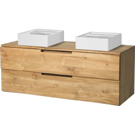 Meuble de salle de bain suspendu en teck clair avec double vasque - 2 tiroirs - 115 cm - BIMBING (1/5)