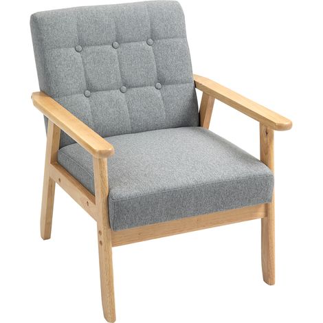Fauteuil lounge revêtu de lin avec accoudoirs et structure en bois d'hévéa, capacité de charge 130 kg, gris clair (1/5)