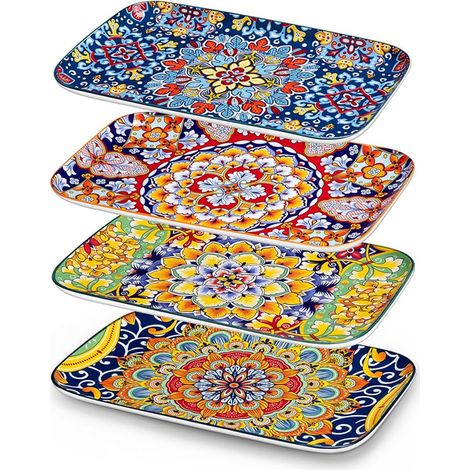 vancasso SIMI Set of 4 Rectangular Porcelain Plates - 30 x 19 cm Flat Plates for Starters, Sushi, Fruit, Salads and Desserts, Dishwasher and Microwave Safe, Bohemian Style (1/3)