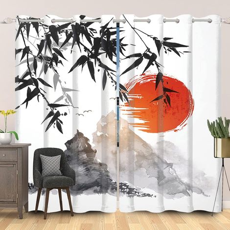107 x 215 cm Japanese Classic Ink Painting Window Curtain Mount Fuji Sun Bamboo Leaves Oriental Opaque for Living Room Bedroom 2 Panels (1/5)