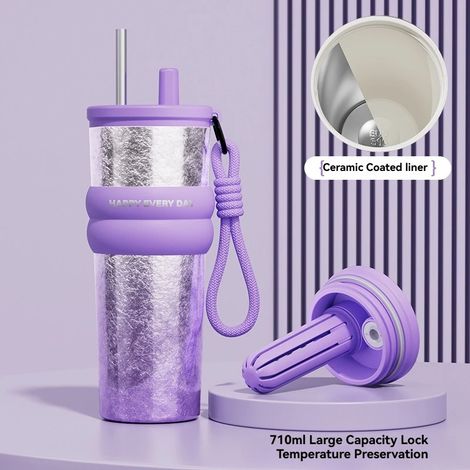 (Violet, 710 ml) Bouteille d'eau en acier inoxydable avec corde et paille, adaptée aux voyages. (1/5)