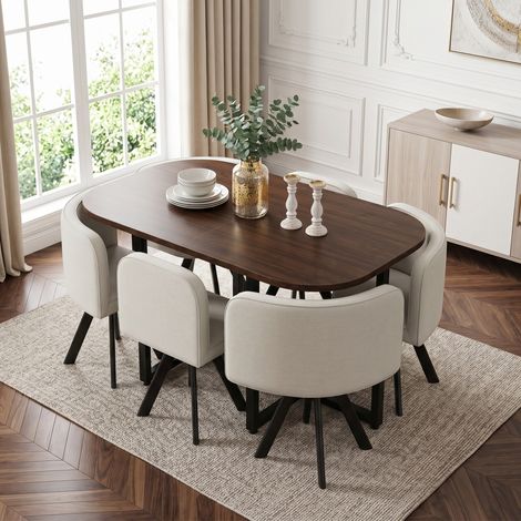 Ensemble table et chaises 6 personnes 140x90 cm, table repas avec 6 chaises tissu lin, salle à manger, Noyer et Beige