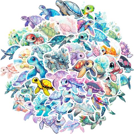 Autocollants style tortue bleue - 50 pièces pour bouteilles d'eau, gobelets, bagages, skateboards, pare-chocs, albums de scrapbooking, tasses - Cadeau autocollant pour enfants, adolescents et adultes (1/5)