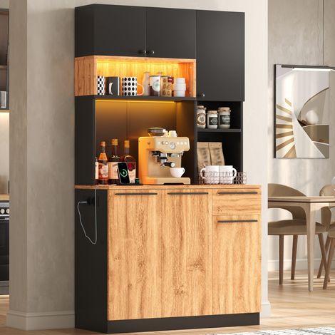 Armario de cocina 100x40x180 cm MDF negro y efecto madera con LED y enchufes - MEUBLIV (1/5)
