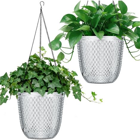 Lot de 2 Pots suspendus auto-arrosants 14 cm, Plastique transparent, Chaînes incluses, Jardin Maison