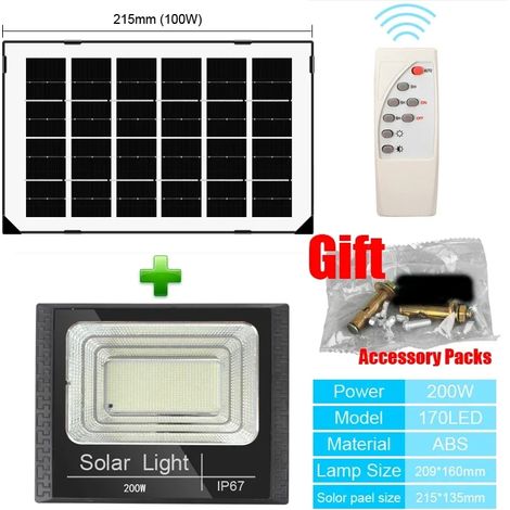 Projecteur solaire (1 pièce - 200 W, 170 LED) avec télécommande, étanche IP67, pour éclairage extérieur de villas et de rues, angle réglable. (1/5)