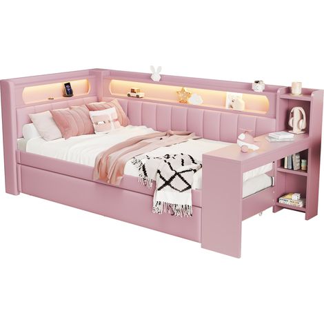 Lit de jour rembourré 90x200 avec ports USB et bande LED, avec lit gigogne et bureau, rose (1/4)