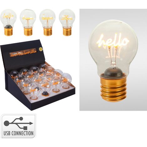 Bombilla filamento decorativa con texto, recargable usb, modelos variados, ø7 x 11,8 cm