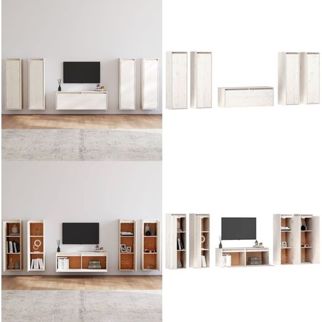 Meubles TV 5 pcs Blanc Bois massif de pin - Meuble Tv - Meuble Suspendu - Rangement Mural - Bibliothèque Murale - Décoration Murale - Home & Living (1/5)