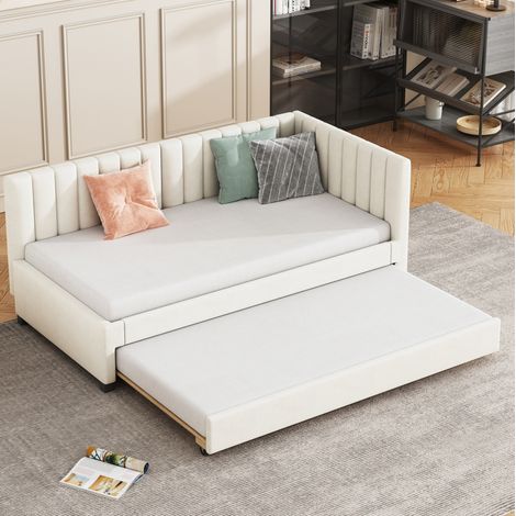 Schlafsofa 90x200 cm Mit Ausziehbarem Gestell, Beiger Veloursstoff (1/5)