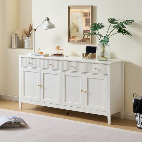 Buffet moderne en bois avec deux tiroirs et quatre portes, poignées dorées, adapté pour la cuisine, la salle à manger et le séjour - Blanc (1/5)
