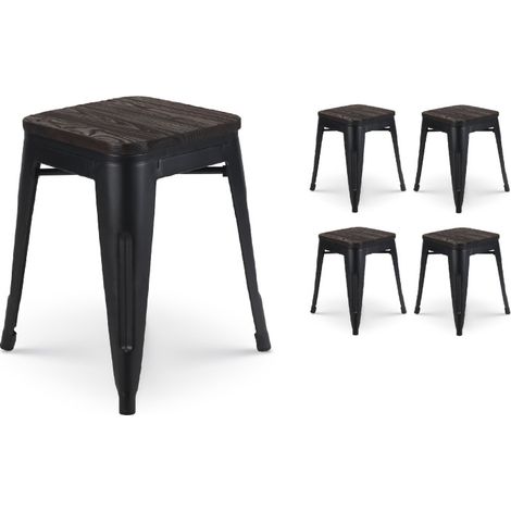 Set mit 4 mattschwarzen Metallhockern im Industriestil und Sitz aus dunklem Holz - Höhe 46 cm