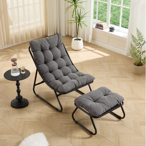 Sillón de jardín reclinable con reposapiés, cojín gris, estructura de acero negro DESVIAE (1/5)
