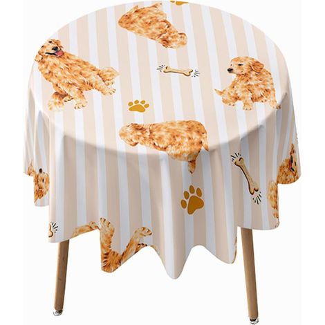 Round Waterproof Stain-Resistant Tablecloth, 3D Dog Puppy Print, Wrinkle-Free, Easy Care, Washable, Tablecloth for Kitchen and Garden Decoration (Khaki Stripes, 180cm Diameter) (1/5)