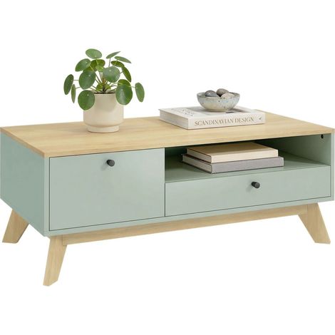 Table basse - HOMCOM - rectangulaire - tiroir, porte et compartiment ouvert - MDF - 100x50x40cm - vert clair et chêne