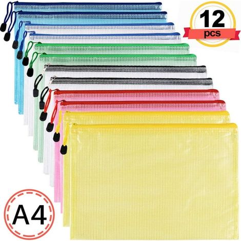 Lot de 12 pochettes A4 en plastique avec fermeture éclair, rangement documents DIN, sacs de classement bureau école et voyage (1/5)