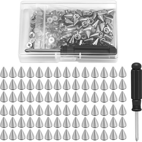 150 Pcs Spikes Studs, Cône Spikes Rivets Décoratifs Punk, Studs Clous à Pointes Punk en Métal Argenté pour Bricolage Sacs Vêtements Bracelet en Cuir Artisanat Collier avec Tournevis (1/5)