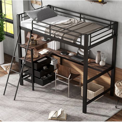 Lit mezzanine 90/200 cm noir et noyer foncé en métal et panneaux de particules avec bureau et 3 tiroirs (1/5)