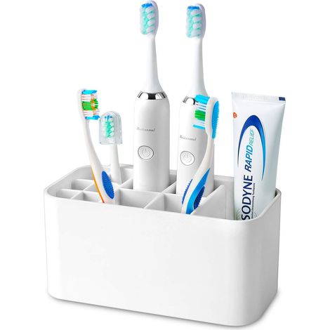 Support Pour Brosse À Dents - 4 Emplacements Pour Brosses Manuelles + 6 Pour Têtes De Brosse Électrique + 1 Compartiment De Rangement - Murale Ou Sur Plan De Travail (1/5)