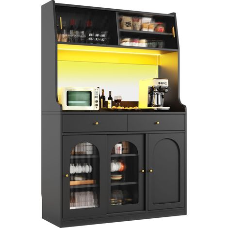 Credenza Alta da Cucina con 2 Cassetti e Ripiani Regolabili con LED per Cucina in MDF e Pannelli di Particelle Nero 120x40x180 cm (1/5)