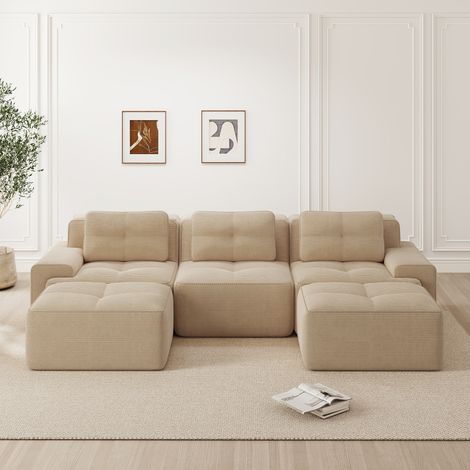 Canapé Cloud U modulaire sans ossature,avec ottoman,3 places en velours côtelé,sans montage,meuble confortable et moderne pour le salon,beige
