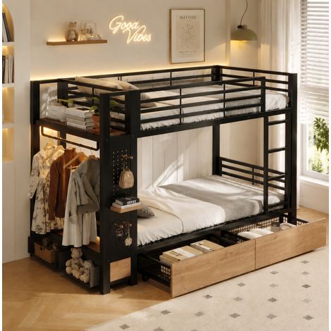 Letto a castello 231.5x95.5x166 cm con 4 cassetti, ripiani, barra LED, asta appendiabiti, MDF e metallo nero (1/5)