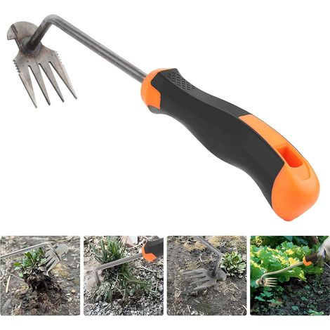 Désherbeur manuel, outil de jardinage, manche long en caoutchouc, lame à 4 dents en acier au manganèse (1/5)