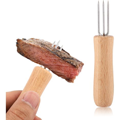 4-teiliges Set Grillgabeln mit Holzgriff und Edelstahl für Fleisch, Obst und Maiskolben (1/5)