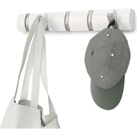 Haken – Moderne, schlichte und platzsparende Garderobe aus Nickel mit 5 verstellbaren Haken für Jacken, Mäntel, Schals, Handtaschen und mehr, glänzend weiß (1/4)