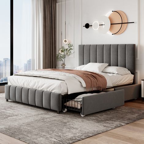 Double Upholstered Bed with 4 Storage Drawers, Velvet Platform Bed Frame with Adjustable Channel Tufted Headboard, Grey (No Mattress) (1/5)
