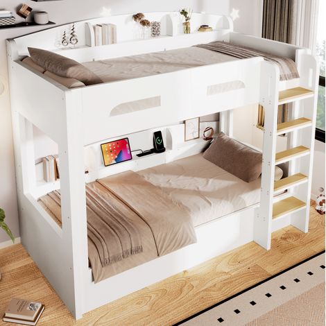 Litera de 90x200cm con puerto USB, espacio de almacenamiento lateral, para dormitorio, estructura de madera maciza y MDF - blanca (1/5)