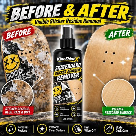 KineShineX Skateboard Sticker Residue Remover entfernt schnell Aufkleberreste und Klebstoffrückstände von Skateboards. (1/5)