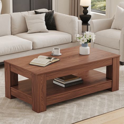 Table basse rectangulaire 2 niveaux MDF noyer OKMYHOME (1/5)