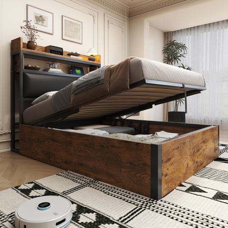 Lit coffre 90x200 avec USB, métal et bois noir HAVRYA (1/5)
