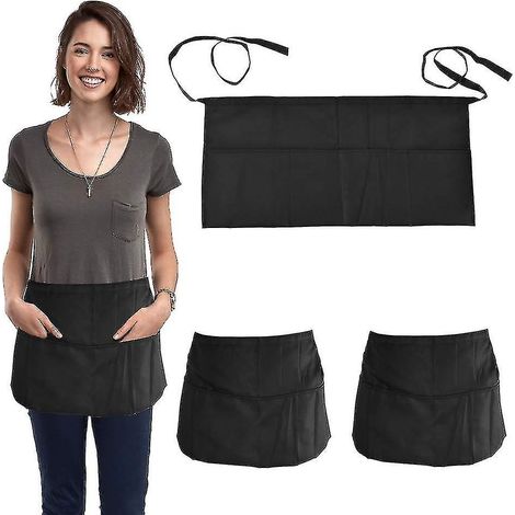 Lot de 3 tabliers courts noirs à la taille, pour bistro, restaurant et jardinage. Tabliers de serveur et serveuse. (1/5)