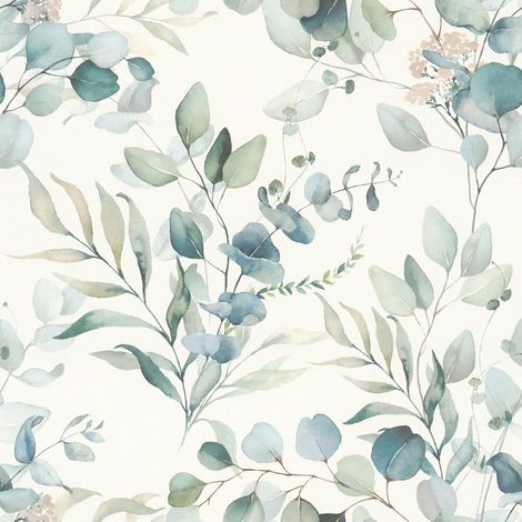 Papier peint 300215 - Papier peint intissé clair avec eucalyptus et plantes vertes à l'aspect aquarelle (1/5)