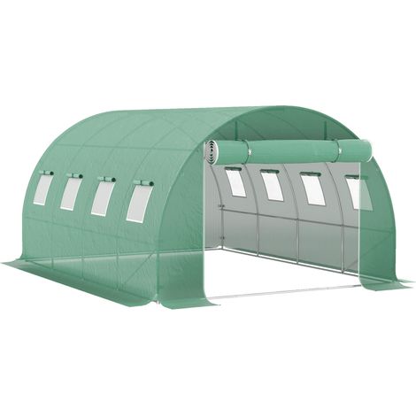 Bâche de rechange serre tunnel 12 m² 4 x 3 x 2 m PE anti-UV imperméable 8 fenêtres + porte enroulable zippée vert