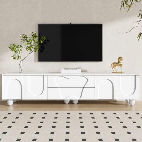 Armoire TV 180 cm blanche pieds bois,modèle minimaliste élégant avec grand rangement et options modulables pour aménagement de salon.