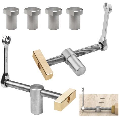 2 Stück silberne Tischklemmen für die Holzbearbeitung, 20 mm Hilfs-Werkbank-Positionierschraubstock mit 4 Bankhaken für 20-mm-Loch-Werkbank-Schreinerei (Silber) (1/5)